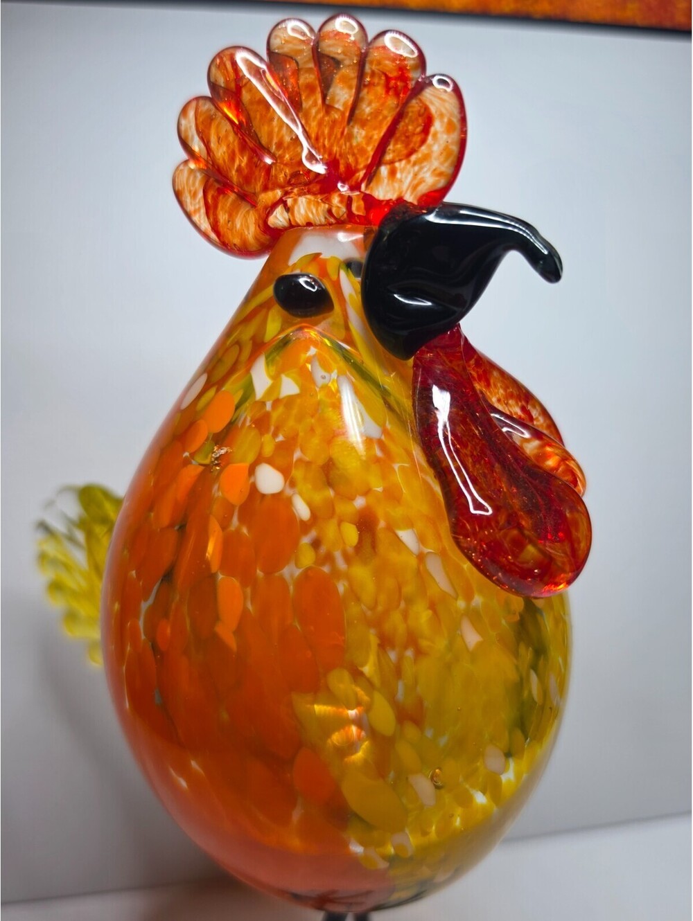 Art Glass Standing Rooster Chicken Figurine, Orange Yellow Mottled Flaking 10.5"